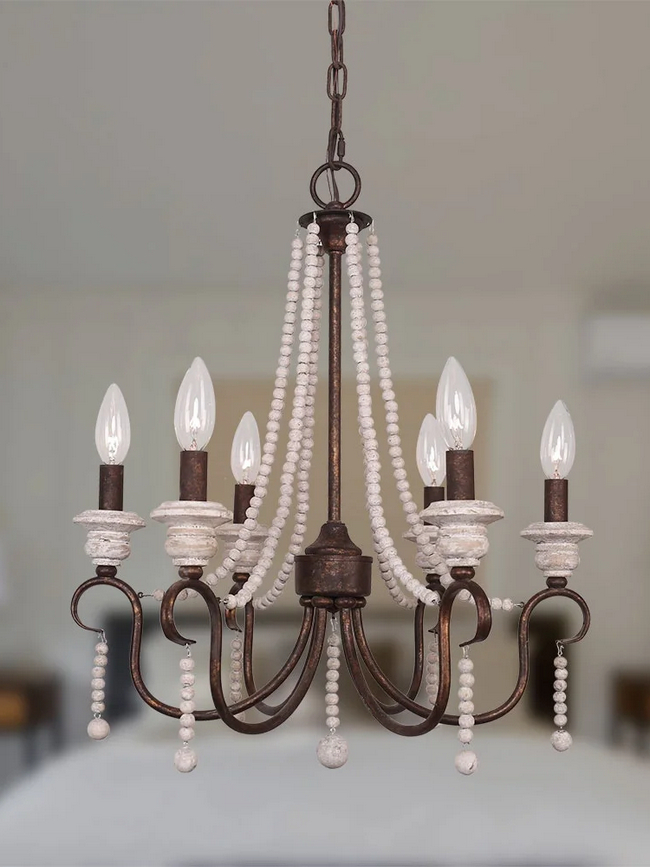 Beaded Farmhouse Chandelier With Accenting Distress Wood, Iron and Beads