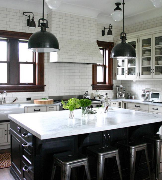 Black Farmhouse Ceiling Lights With Accenting Black Domes In White Kitchen