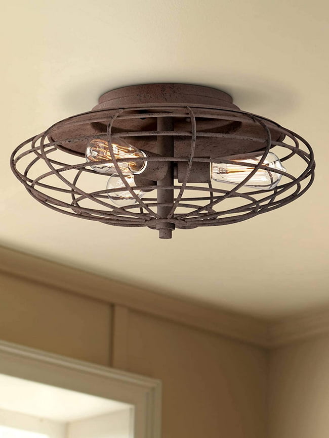 Farmhouse Semi Flush Mount Ceiling Light In Rusty Oxidized Drum Shape